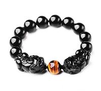 Feng Shui - Pulsera de obsidiana negra de obsidiana natural, doble Pixiu Pi Yao, ojo de tigre, pulsera de cuentas de transferencia para buena fortuna, riqueza valiente y afortunada, 10MM, Piedra