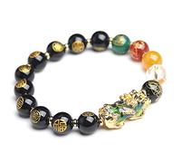 Feng Shui - Pulseras de la buena suerte con cinco elementos de obsidiana que cambian de color, PiXiu/Pi Yao, pulsera de dragón chino que atrae buena suerte y riqueza, joyería elástica ajustable, 10MM