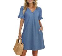 Fengbay Vestido blusa vaquero para mujer, largo hasta la rodilla, vestido de verano, cuello en V, informal, elegante, vestido camisero, vestido recto con bolsillos, azul claro, S