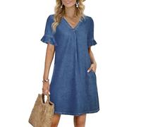 Fengbay Vestido de camisa de mezclilla para mujer de manga larga hasta la rodilla, vestido de verano con cuello en V, elegante, blusa de camisa, vestido recto con bolsillos, azul oscuro, S