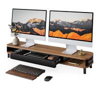 Fenge Dual Elevador Monitor con Grande Cajón,108cm Soporte Monitor Escritorio con Asa de Cuero y Portalápices, Elevador Pantalla Ordenador para Impresora/ 2PC/ TV, 108x25x15,7cm, Carga de 35kg, Marrón