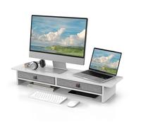Fenge Soporte Monitor, 90cm, 2 Cajones Lino, Pantalla Ordenador TV, Blanco
