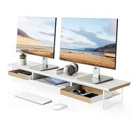 Fenge Soporte Monitor Escritorio, 108x 23x 12,9cm, Elevador Doble Monitor de 27” de Hasta 35 kg, con Cajones de Madera Maciza y Organizador, PC Stand para Ordenadores Portátiles Impresoras TV (Blanco)
