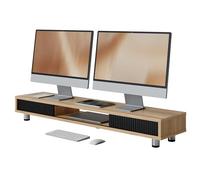 Fenge Soporte Monitor para Doble Monitor con 2 Puertas de Cristal, Elevador Monitor de Madera con Alturta Ajustable, Gran Soporte Monitor Mesa para Portátil/Impresora,108x23,5x15,2-16,7cm,Roble oscuro