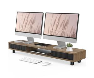 Fenge Soporte Monitor para Doble Monitor con 2 Puertas de Cristal, Elevador Monitor de Madera con Alturta Ajustable, Gran Soporte Monitor Mesa para PC/Portátil/Impresora 108x23,5x15,2-16,7cm (Marrón)