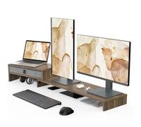 Fenge Soporte Monitor para Doble Monitor con Cajón, Elevador Monitor de Madera con Longitud y Ángulos Ajustables, Soporte Monitor Mesa para PC/Portátil /Impresora 78.3-113x23.5x15.9cm, Marrón