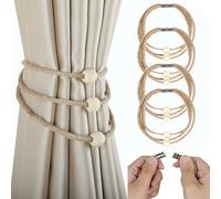 Fenghuangwu Alzapaños magnéticos para cortinas, de yute para cortinas de ventana con cuentas de madera, cuerda tejida bohemia para cortinas finas y gruesas, 4 piezas (yute, 3 cuentas)