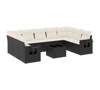 Fengshui 10 piezas de sofá de jardín con cojines negro polirratán | Mesa de cristal templado, estantes plegables con resortes de gas, diseño modular, cojines gruesos acolchados