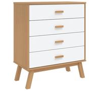Fengshui Armario con cajones de pino macizo, 4 cajones, color blanco y marrón | Placa superior resistente, patas de madera, estilo escandinavo, con soporte de pared