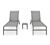 Fengshui Juego de 2 tumbonas con mesa auxiliar de acero textileno | Respaldo ajustable, 2 ruedas para transporte, para piscina, terraza, jardín