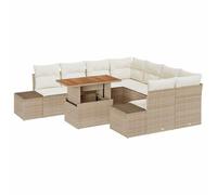 Fengshui Juego de comedor de ratán sintético de 9 piezas, color beige y | Marco de acero con recubrimiento en polvo, mesa rectangular de madera de acacia, configuración de asiento modular con espacio