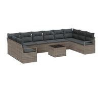 Fengshui Juego de sofá de jardín con cojín, 11 unidades, polirratán gris | Mesa regulable en altura, posición modular, cojín de poliéster con cremallera, resistente a la intemperie
