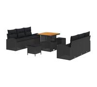 Fengshui Juego de sofás de jardín de polirratán, 9 piezas, color negro | Diseño modular, patas ajustables, espacio de almacenamiento con bolsillos repelentes al agua, madera de acacia
