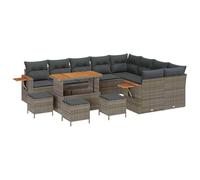 Fengshui Juego de sofás modulares de jardín de 14 piezas, gris, polirratán | Funda de cojín de madera de acacia, extraíble y lavable, tejido impermeable para exteriores, flexible y ajustable