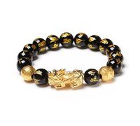 FengShui - Pulsera de riqueza y suerte, Feng Shui de obsidiana negra Pixiu, pulsera elástica de cuentas de Buda para mujeres y hombres, Adjustable, Zinc, No es una piedra preciosa