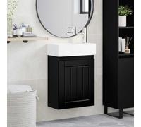 Fengshui Unidad De Lavabo Negro Con Grifo | Lavabo de cerámica, madera, montaje en pared, puerta reversible, desagüe push