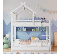FENGSSLL Litera de 90x200 cm con cajones y estantes, Cama-casa con Escalera de Tres peldaños en ángulo Recto, Cama Infantil con protección anticaídas y barrotes, Estructura de Madera de Pino
