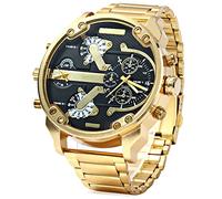 FENKOO Hombre Militar reloj Quartz Calendario/Tiempo Dual zonas Acero Inoxidable Banda Reloj de pulsera Oro (Negro)