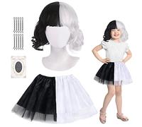 Fennoral 2 piezas Set Cruella Deville Disfraz Niñas Cruella Disfraz Blanco y Negro Bruja Disfraces-Cruella Peluca DemonTulle Tutu-para Carnaval Disfraces Imitación Cosplay Fiesta Regalo