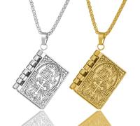 FENQURO 2 Pcs Collar para hombre de acero inoxidable: collar con colgante de libro de la Biblia cristiana abierta con oraciones grabadas en el interior, regalo religioso para hombres y mujeres, Acero