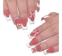 FENQURO 24 Pcs French Press on Nails with Charms Media Fake Nails White French Nails Press ons Sweet Loop Pegamento Uñas Largas Cuadradas Uñas acrílicas Uñas Corazón Uñas Estrás