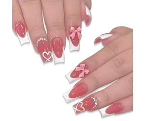 FENQURO 24 Pcs French Press on Nails with Charms Media Fake Nails White French Nails Press ons Sweet Loop Pegamento Uñas Largas Cuadradas Uñas acrílicas Uñas Corazón Uñas Estrás