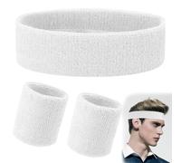 FENQURO 3 Piezas Muñequera Set Muñequeras Deportivas para Hombre y Mujer Diademas Deportivas Muñequeras Absorbentes para Gimnasio Pulsera de Algodón Colorida Banda de Sudor（Blanco）