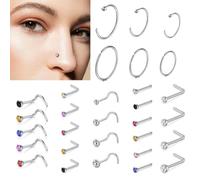 FENQURO 30 piercings para nariz, 20 g, acero quirúrgico, piercing para nariz con purpurina, aro de mariposa con forma de serpiente, circonita plateada, joyas para mujer y hombre