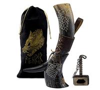 FENRIR Cuerno vikingo para beber, 16 onzas, regalos para papás, maridos, taza de cuerno de buey natural con abridor de botellas Thor y funda de cuero