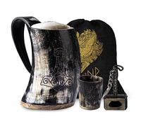 FENRIR Taza vikinga de cuerno natural de calidad alimentaria auténtica con vaso corto y abridor de botellas para cerveza Ale Beer Cold Drink (473 ml, juego de 3 piezas, tamaño 6.5 pulgadas)