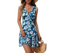 FENSACE Vestido Corto de Verano sin Mangas con Cuello en V y Estampado Floral para Mujer, Azul Nave Blanco Floral-50, S
