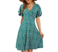 FENSACE Vestido de verano de manga corta de media longitud, corte trapecio, cuello cartera en V y estampado floral para mujer, M