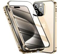 Fensweli Coque Magnética para iPhone 16 Pro MAX con Protección 360°Funda Antichoque de Metal y Cristal Templado,Protector de Lente de Cámara,Transparente Parachoques-Oro