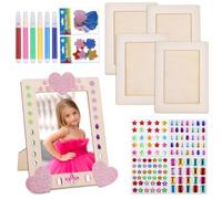 Fentar Diy Marco de Fotos de Madera, 4Pcs Marcos de Fotos para Manualidades de Color Madera con Pegatinas de Purpurina y Rotuladores de Colores, Juego de Marcos de Fotos para Niños