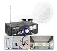 Fenton BS05 Set de Altavoces de Techo Resistentes al Agua IP44 con Amplificador Bluetooth 2x40W, USB, SD y Mando, Ideal para baño, SPA, Sauna o Zonas de Bienestar