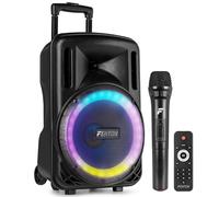 Fenton FT10LED MK2- Altavoz Activo Portátil 450W Bluetooth, micrófono UHF, woofer LED, USB/SD, Entrada Aux, Talkover, emparejamiento estéreo, Control Remoto, batería Recargable y Trolley Integrado