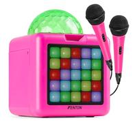 Fenton KAR15P - Altavoz karaoke bluetooth 15W con 2 microfonos con cable, batería recargable, luces LED RGB, Jelly Ball bola de discoteca, altavoz portatil con AUX y bluetooth 5.3, color rosa