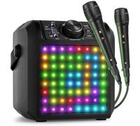 Fenton KAR50B - Altavoz karaoke bluetooth 50W con 2 microfonos con cable, batería recargable, luces LED RGB, altavoz portatil con AUX, bluetooth 5.0 y entrada microfono jack, color negro