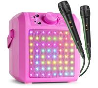 Fenton KAR50P - Altavoz karaoke bluetooth 50W con 2 microfonos con cable, batería recargable, luces LED RGB, altavoz portatil con AUX, bluetooth 5.0 y entrada microfono jack, color rosa