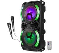 Fenton LIVE280 - Altavoz Bluetooth con microfono 900W con Doble woofer 8", batería, USB, MicroSD, Bluetooth 5.0, LED, 2 micrófonos Karaoke, Altavoz Fiesta portátil Equipo de Sonido Profesional Negro