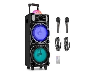 Fenton LIVE290 - Altavoz Bluetooth con microfono 300W con Doble woofer 8", batería, USB, MicroSD, LED Disco, 2 micrófonos Karaoke, Altavoz Fiesta portátil Equipo de Sonido Profesional, Color Negro