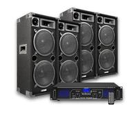 Fenton MAX212 + FPL2000 - Set DJ 5600W con 4 Altavoces Doble 12" y Amplificador Digital Clase D Bluetooth con USB/SD, Mando a Distancia, Pantalla LCD e iluminación LED Azul Profesional