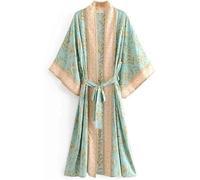 FENXIXIONE Albornoz largo tipo kimono para mujer, con estampado floral, cárdigan de playa, bata tipo kimono, cubierta de bikini, satén de seda, vintage, bata de baño (verde, S)