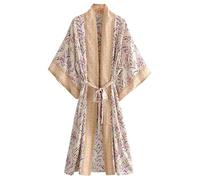 FENXIXIONE Albornoz largo tipo kimono para mujer, con estampado floral, cárdigan de playa, bata tipo kimono, cubierta de bikini, satén de seda, vintage, bata de baño (champán, S)