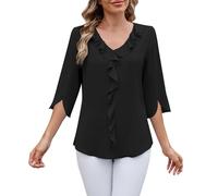 FENXIXIONE Blusas Casuales Elegantes de Talla Grande para Mujer, Blusas de Gasa con Volantes y Cuello en V de Manga 3/4 de Longitud, Camisas de túnica holgadas de Verano (Negro,L)