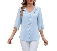 FENXIXIONE Blusas Casuales Elegantes de Talla Grande para Mujer, Blusas de Gasa con Volantes y Cuello en V de Manga 3/4 de Longitud, Camisas de túnica holgadas de Verano (Cielo,S)
