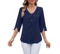 FENXIXIONE Blusas Casuales Elegantes de Talla Grande para Mujer, Blusas de Gasa con Volantes y Cuello en V de Manga 3/4 de Longitud, Camisas de túnica holgadas de Verano (Azul,M)