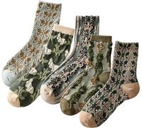 FENXIXIONE Calcetines florales de algodón con textura 3D lindos vintage bordados hasta el tobillo para mujer, 5 pares, verde, talla única