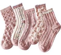 FENXIXIONE Calcetines florales de algodón con textura 3D lindos vintage bordados hasta el tobillo para mujer, 5 pares, rosa, talla única