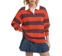FENXIXIONE - Camisa polo de manga larga con rayas para mujer, cuello ancho, estilo Y2K, suéter con capucha, camiseta informal, suelta, ropa de calle, sudadera de rugby, Rojo-a, L